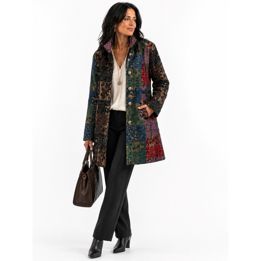 Zashi Tapestry Patchwork Coat Size L Multicolor Jacquard Boho Jacket C10713J-4